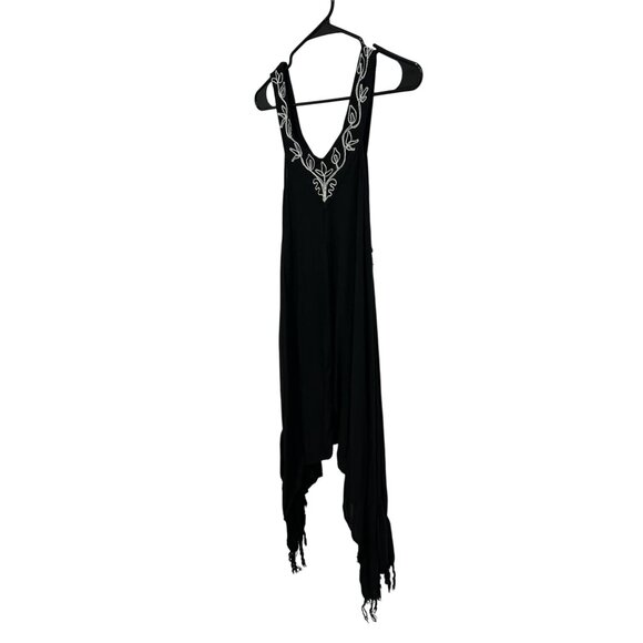 Ace Fashion Black Embroidered Fringe Handkerchief Hem Dress One Size Boho Chic - Picture 3 of 10